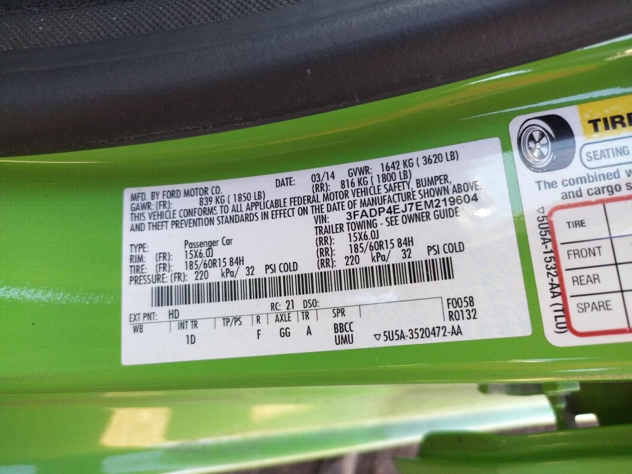 Photo 10 from auction – 2014 FORD FIESTA SE with VIN 3FADP4EJ7EM219604