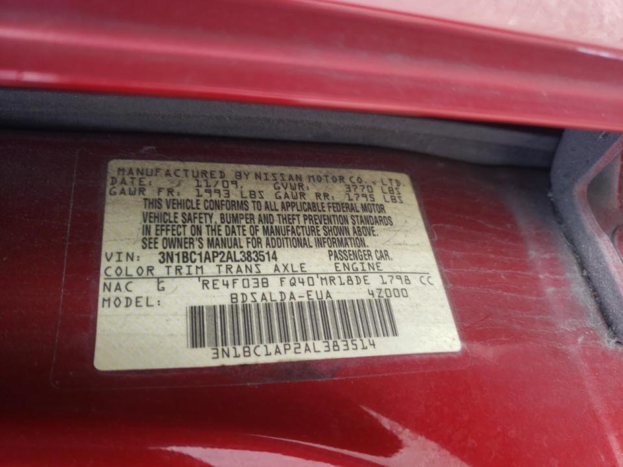 Photo 10 from auction – 2010 NISSAN VERSA S with VIN 3N1BC1AP2AL383514