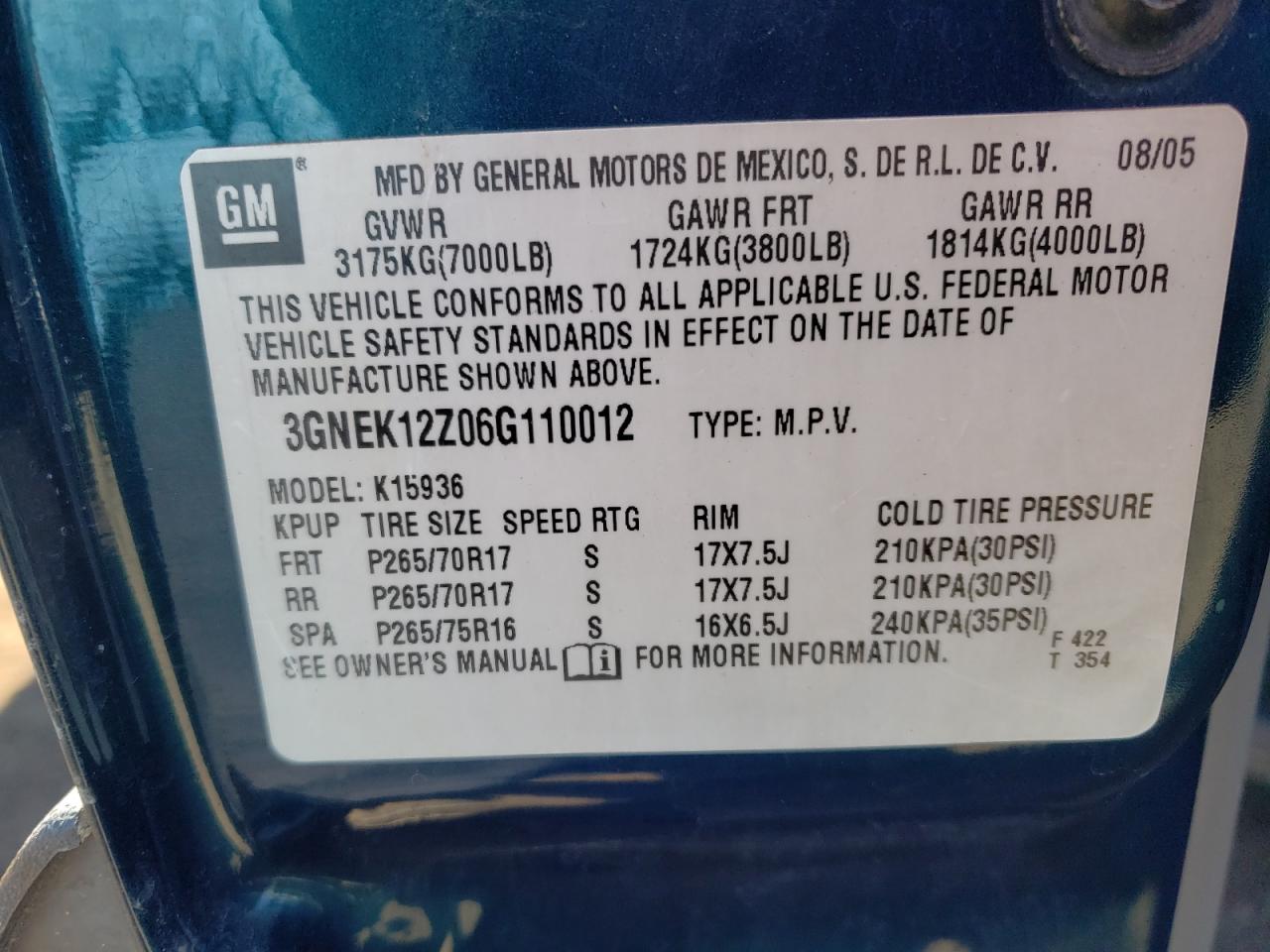 Photo 10 from auction – 2006 CHEVROLET AVALANCHE with VIN 3GNEK12Z06G110012