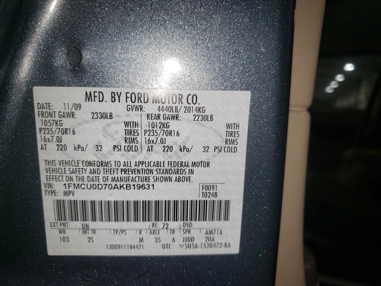 Photo 10 from auction – 2010 FORD ESCAPE XLT with VIN 1FMCU0D70AKB19631