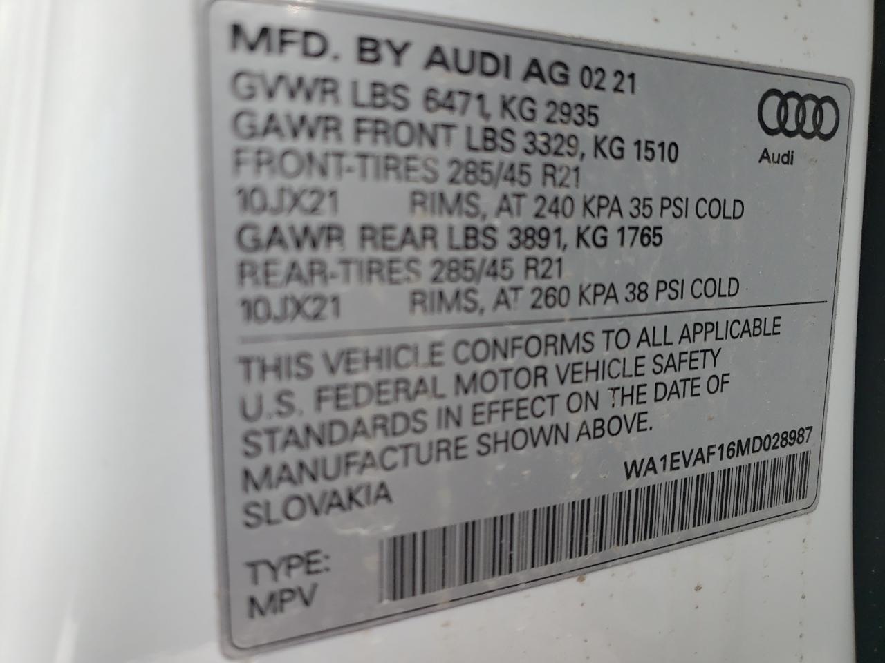 Photo 10 from auction – 2021 AUDI Q8 PREMIUM with VIN WA1EVAF16MD028987
