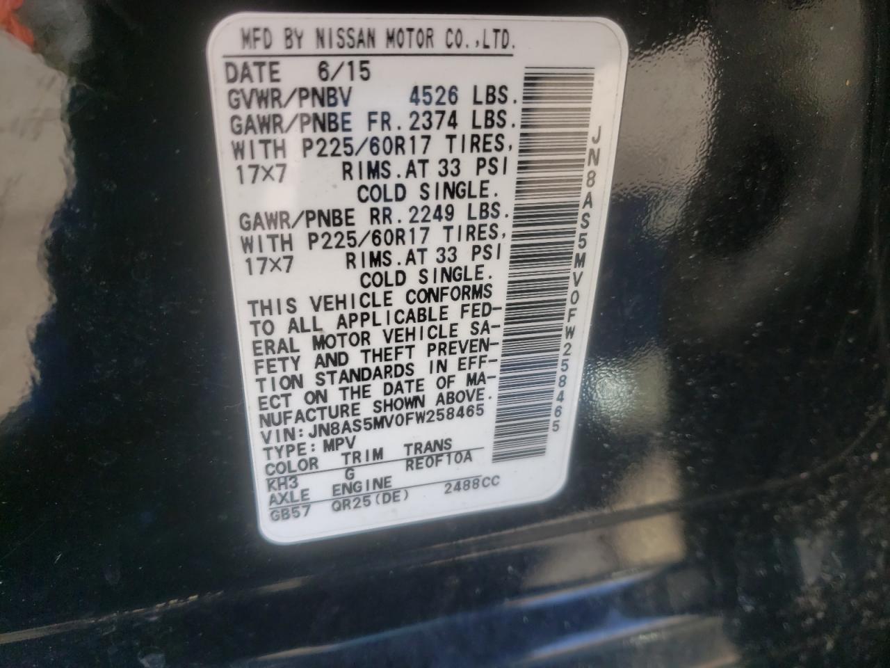 Photo 10 from auction – 2015 NISSAN ROGUE SELE with VIN JN8AS5MV0FW258465