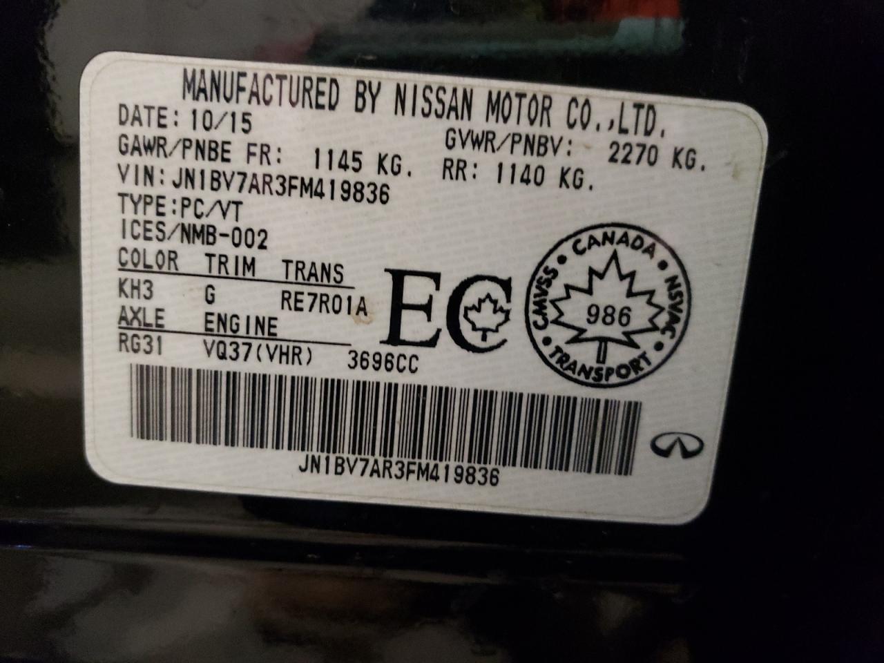 Photo 10 from auction – 2015 INFINITI Q50 BASE with VIN JN1BV7AR3FM419836