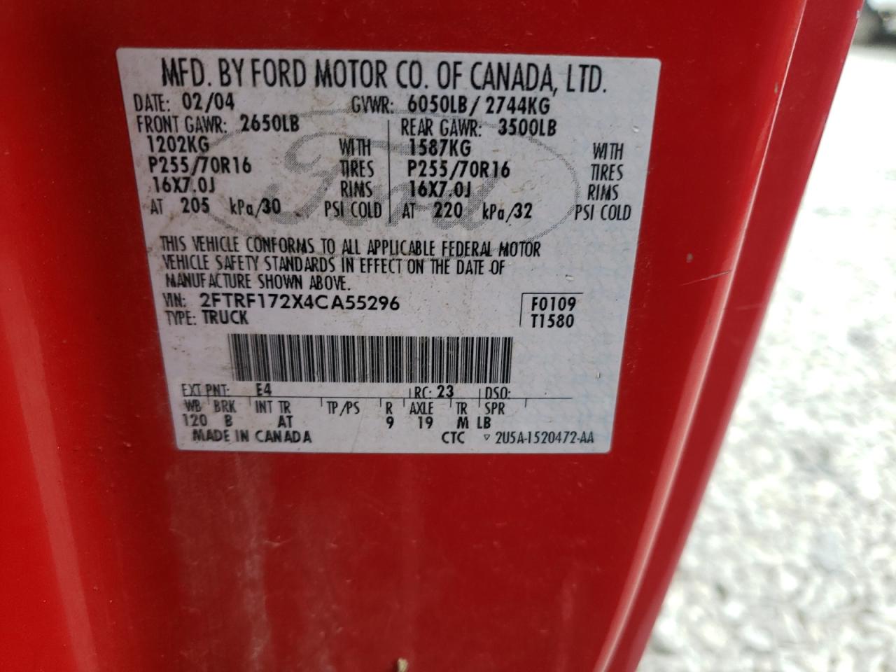 Photo 10 from auction – 2004 FORD F-150 HERI with VIN 2FTRF172X4CA55296