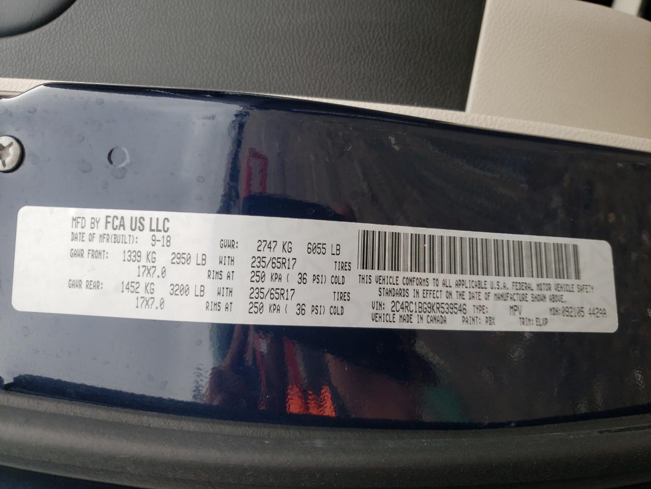 Photo 10 from auction – 2019 CHRYSLER PACIFICA T with VIN 2C4RC1BG9KR539546