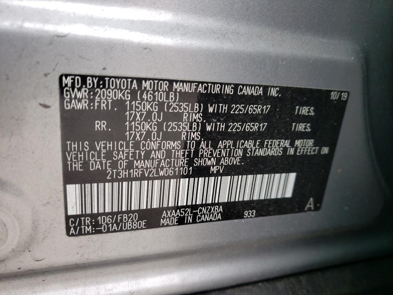 Photo 10 from auction – 2020 TOYOTA RAV4 LE with VIN 2T3H1RFV2LW061101