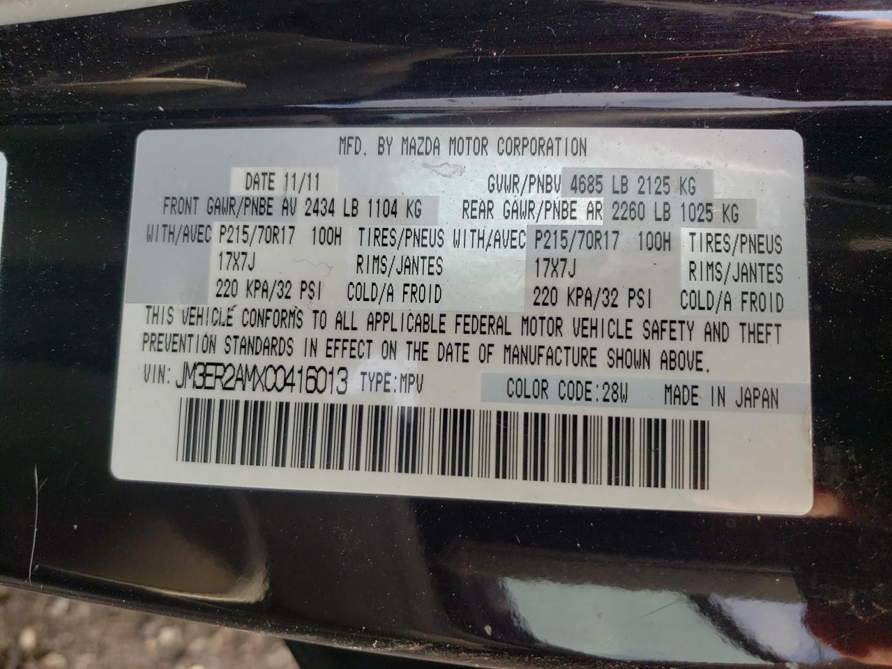 Photo 10 from auction – 2012 MAZDA CX-7 with VIN JM3ER2AMXC0416013