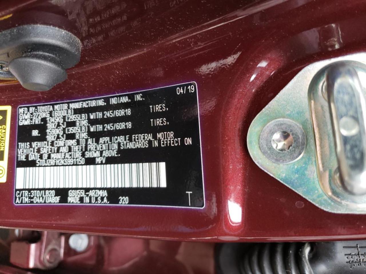 Photo 10 from auction – 2019 TOYOTA HIGHLANDER with VIN 5TDJZRFH2KS991150