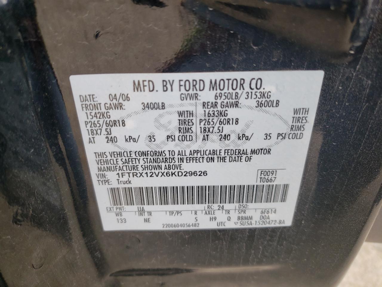 Photo 10 from auction – 2006 FORD F150 with VIN 1FTRX12VX6KD29626