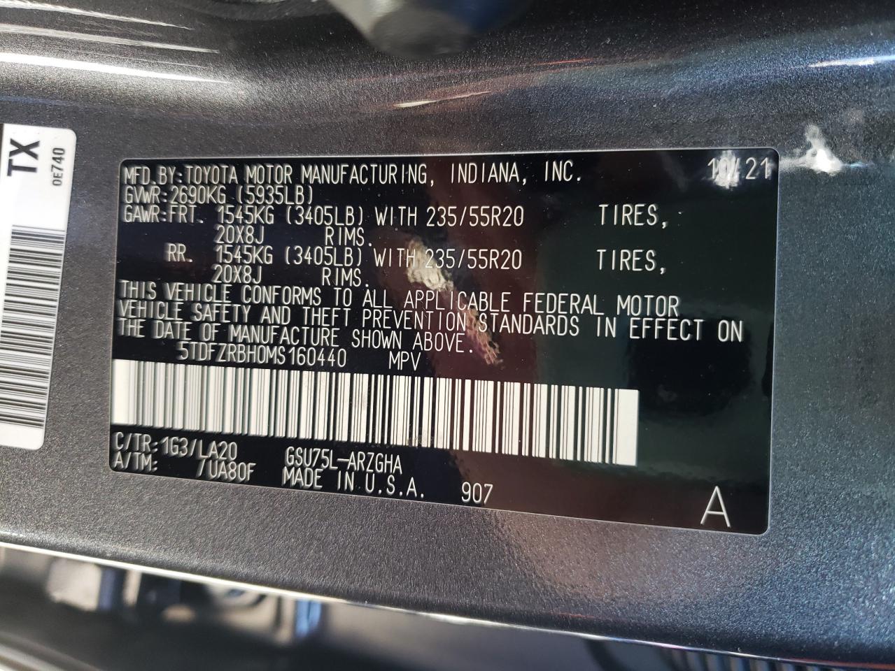 Photo 10 from auction – 2021 TOYOTA HIGHLANDER with VIN 5TDFZRBH0MS160440