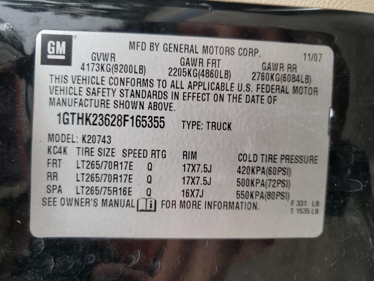 Photo 10 from auction – 2008 GMC SIERRA K25 with VIN 1GTHK23628F165355