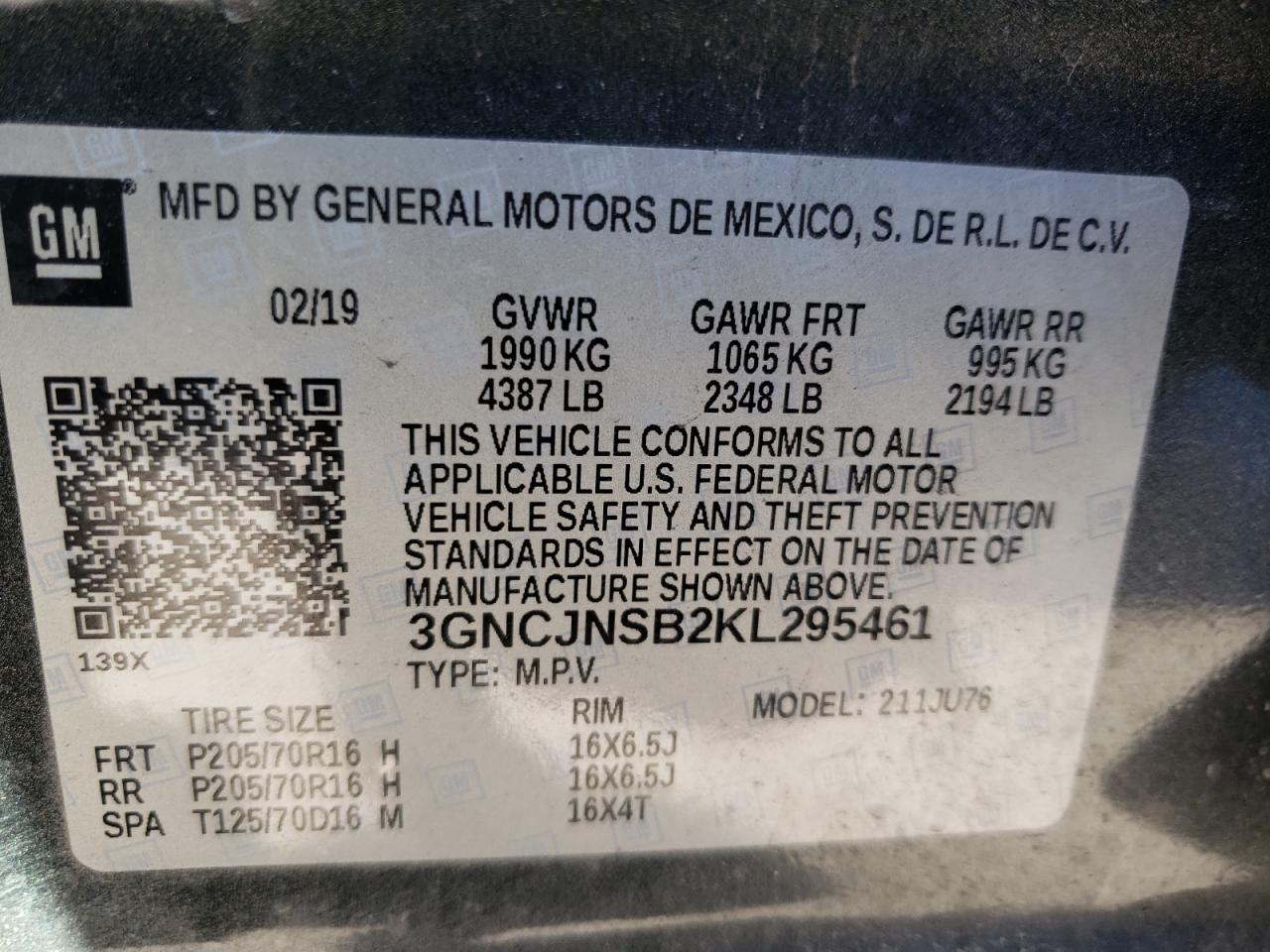 Photo 10 from auction – 2019 CHEVROLET TRAX LS with VIN 3GNCJNSB2KL295461
