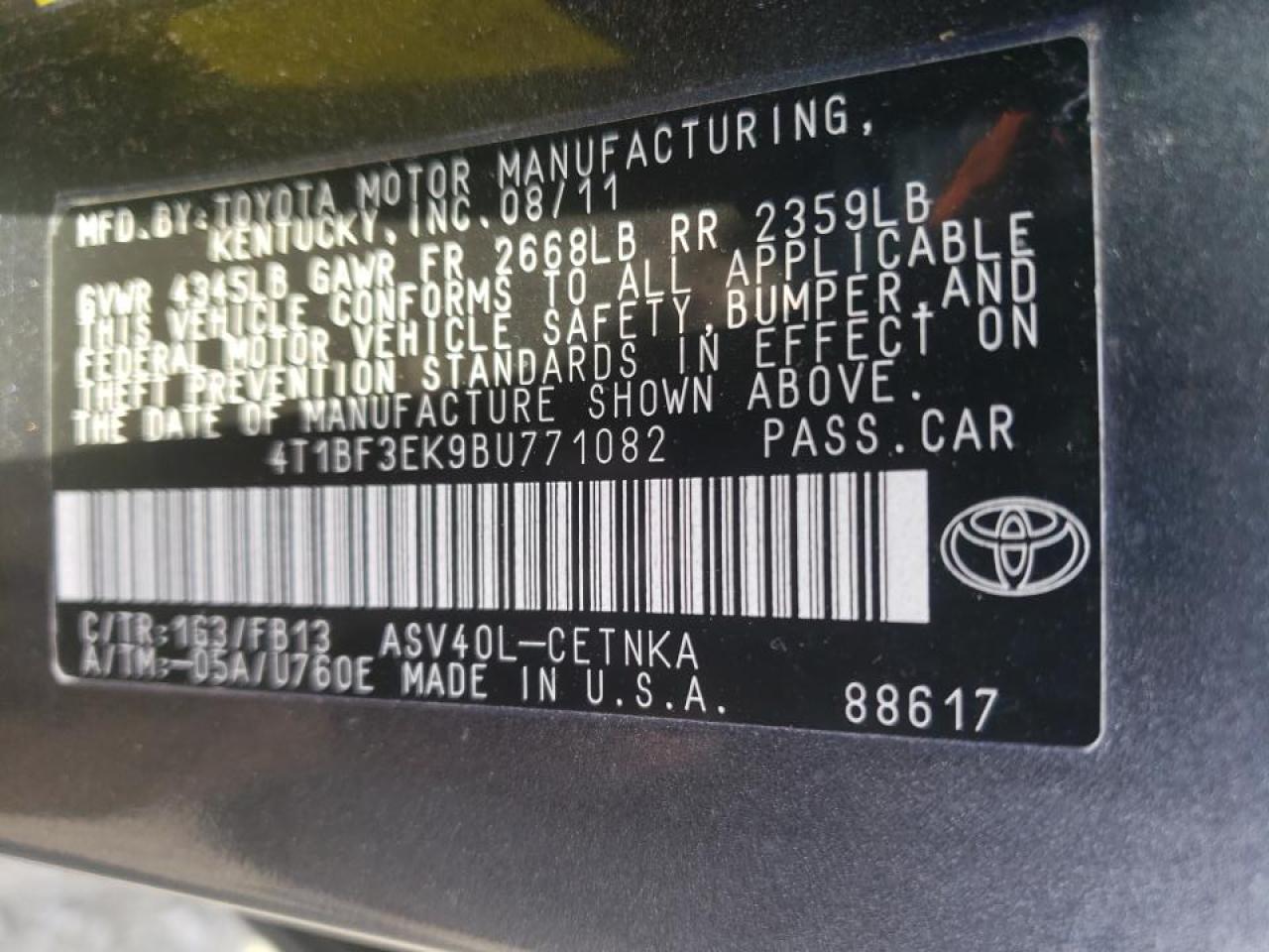 Zdjęcie 10 z aukcji – 2011 TOYOTA CAMRY BASE z VIN 4T1BF3EK9BU771082