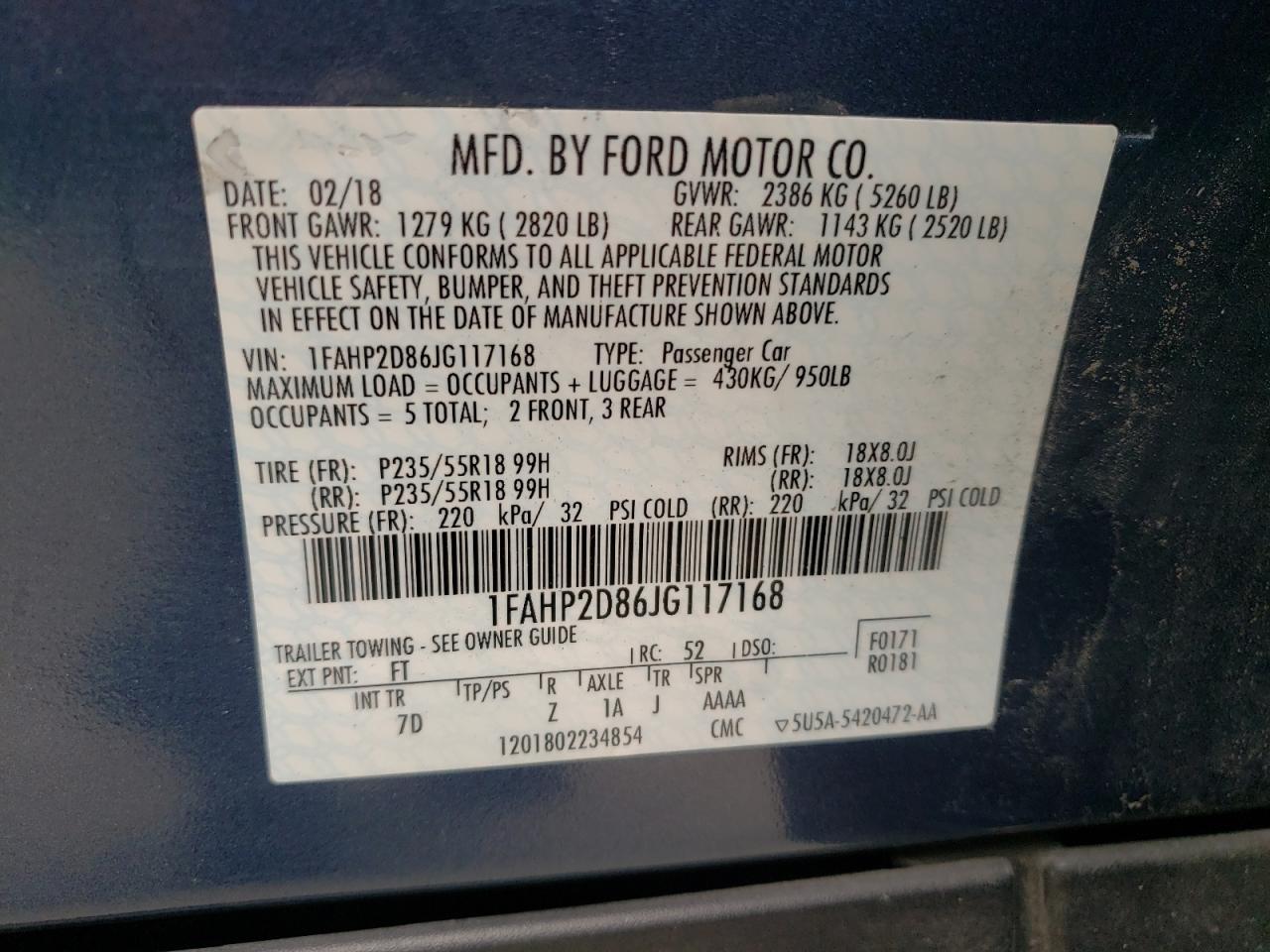 Foto 10 de la subasta – 2018 FORD TAURUS SE con VIN 1FAHP2D86JG117168