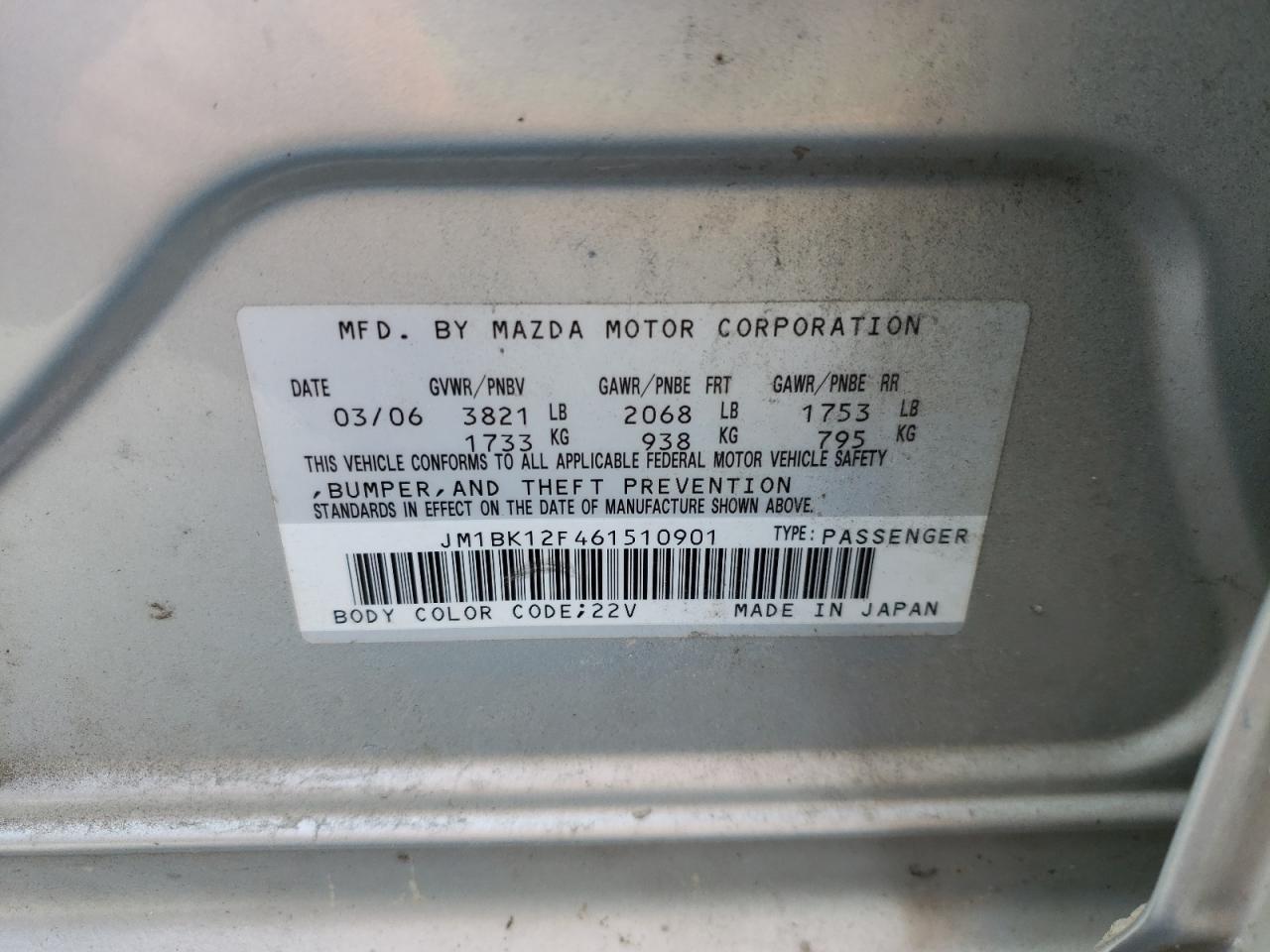 Photo 10 from auction – 2006 MAZDA 3 I with VIN JM1BK12F461510901