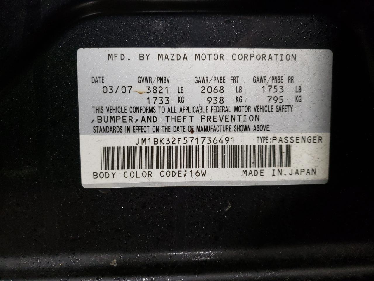 Photo 10 from auction – 2007 MAZDA 3 I with VIN JM1BK32F571736491