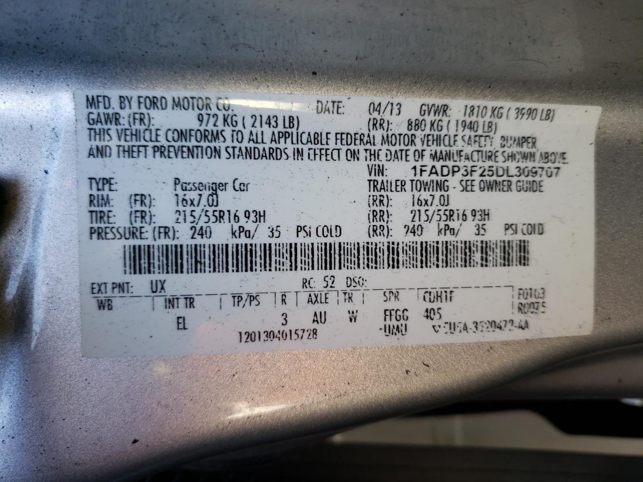 Photo 10 from auction – 2013 FORD FOCUS SE with VIN 1FADP3F25DL309707