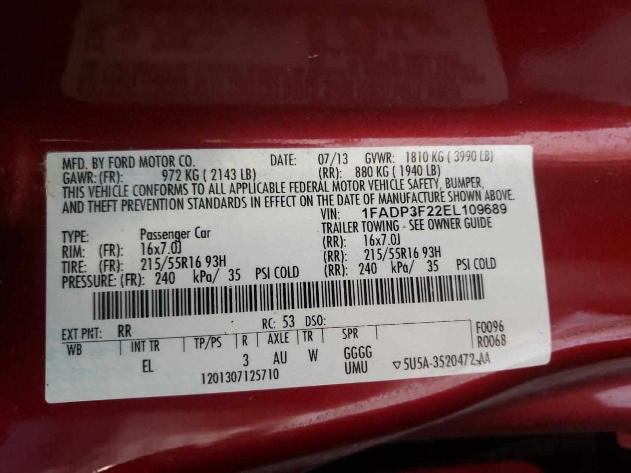 Photo 10 from auction – 2014 FORD FOCUS SE with VIN 1FADP3F22EL109689