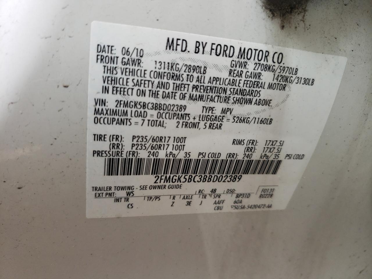 Photo 10 from auction – 2011 FORD FLEX SE with VIN 2FMGK5BC3BBD02389