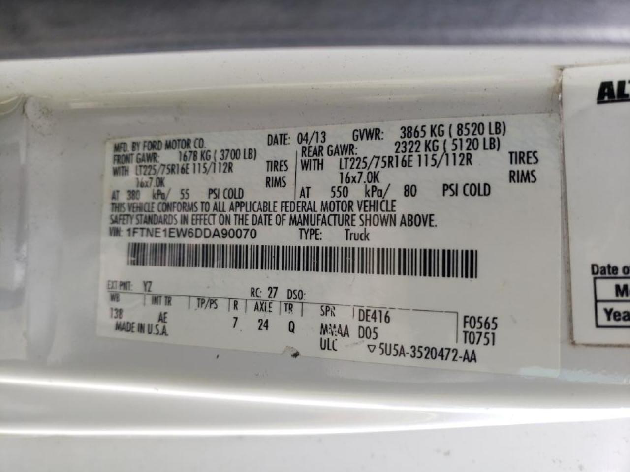 Photo 10 from auction – 2013 FORD ECONOLINE with VIN 1FTNE1EW6DDA90070