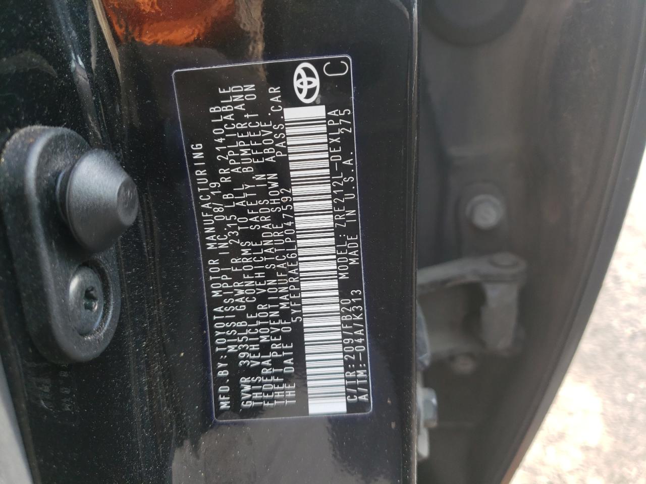 Photo 10 from auction – 2020 TOYOTA COROLLA LE with VIN 5YFEPRAE6LP047592
