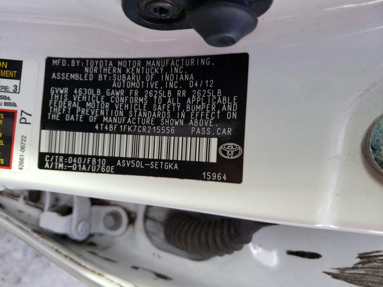Photo 10 from auction – 2012 TOYOTA CAMRY BASE with VIN 4T4BF1FK7CR215556