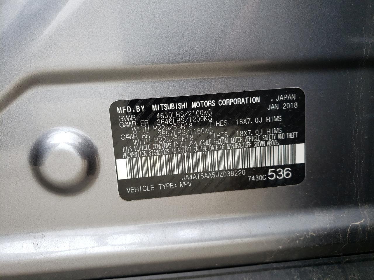 Photo 10 from auction – 2018 MITSUBISHI ECLIPSE CR with VIN JA4AT5AA5JZ038220