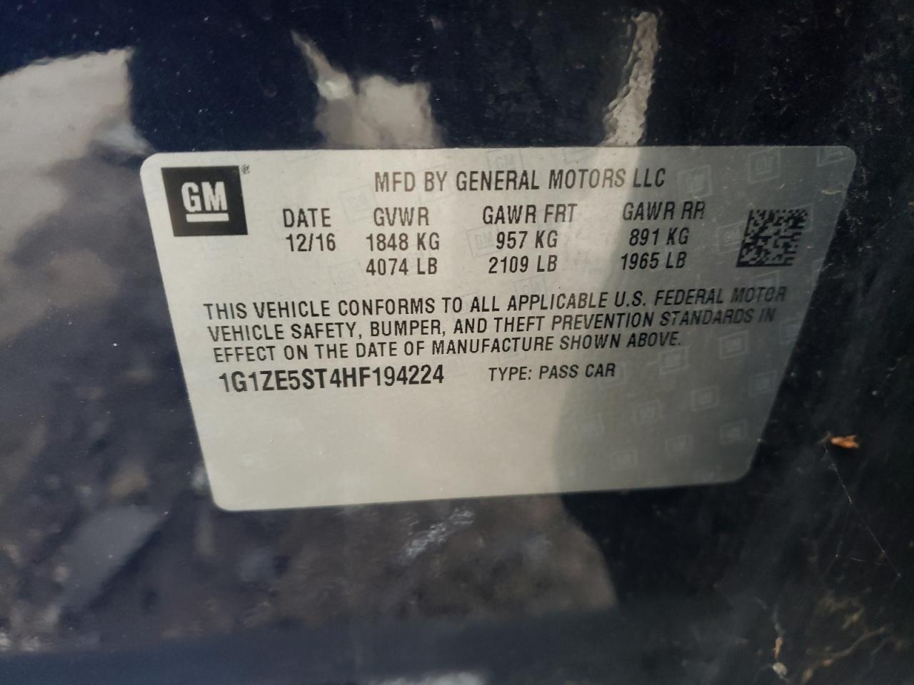 Photo 10 from auction – 2017 CHEVROLET MALIBU LT with VIN 1G1ZE5ST4HF194224
