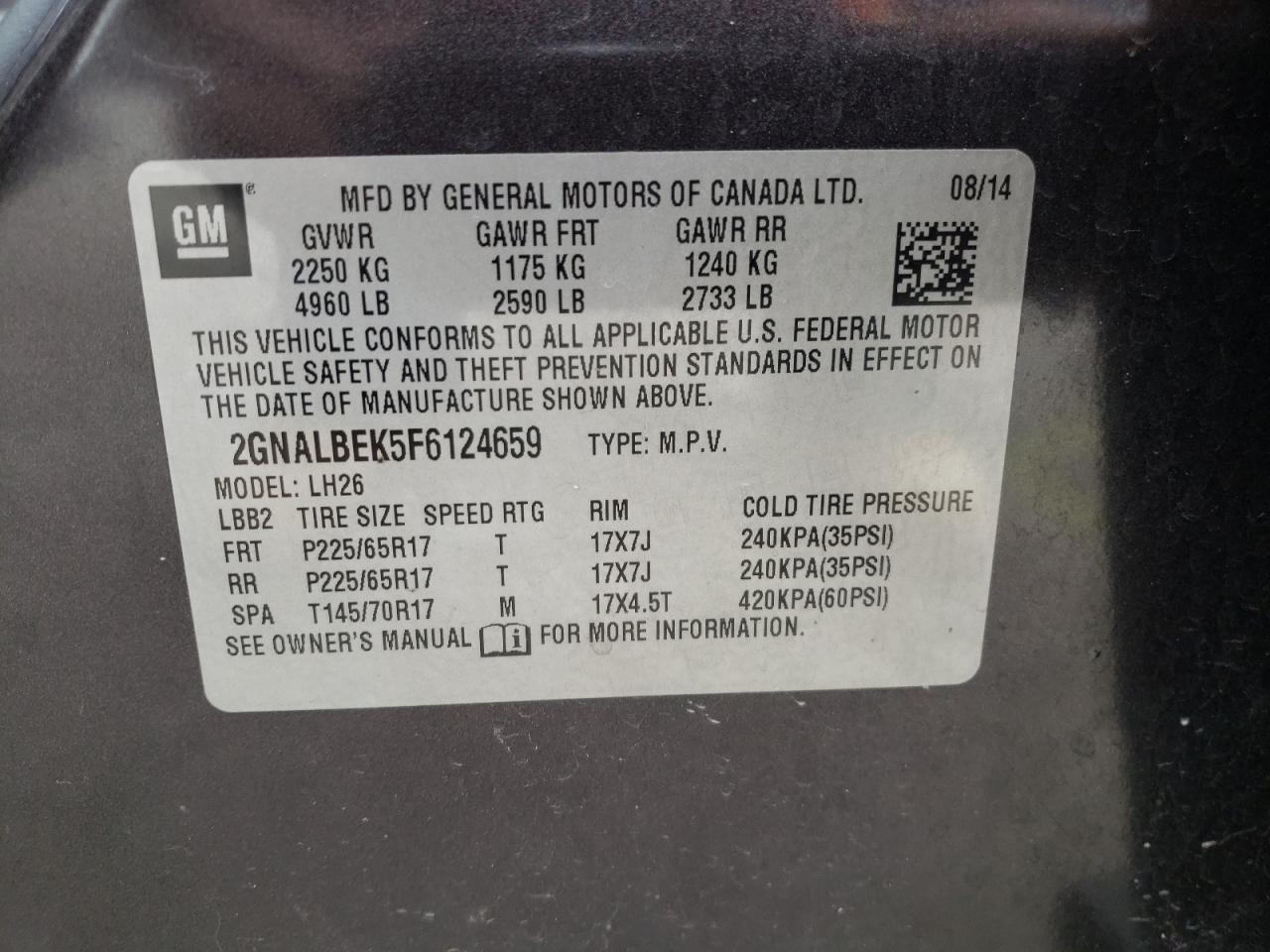 Photo 10 from auction – 2015 CHEVROLET EQUINOX LT with VIN 2GNALBEK5F6124659