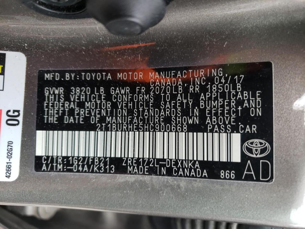 Photo 10 from auction – 2017 TOYOTA COROLLA L with VIN 2T1BURHE5HC900668