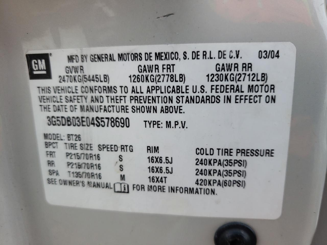 Photo 10 from auction – 2004 BUICK RENDEZVOUS with VIN 3G5DB03E04S578690