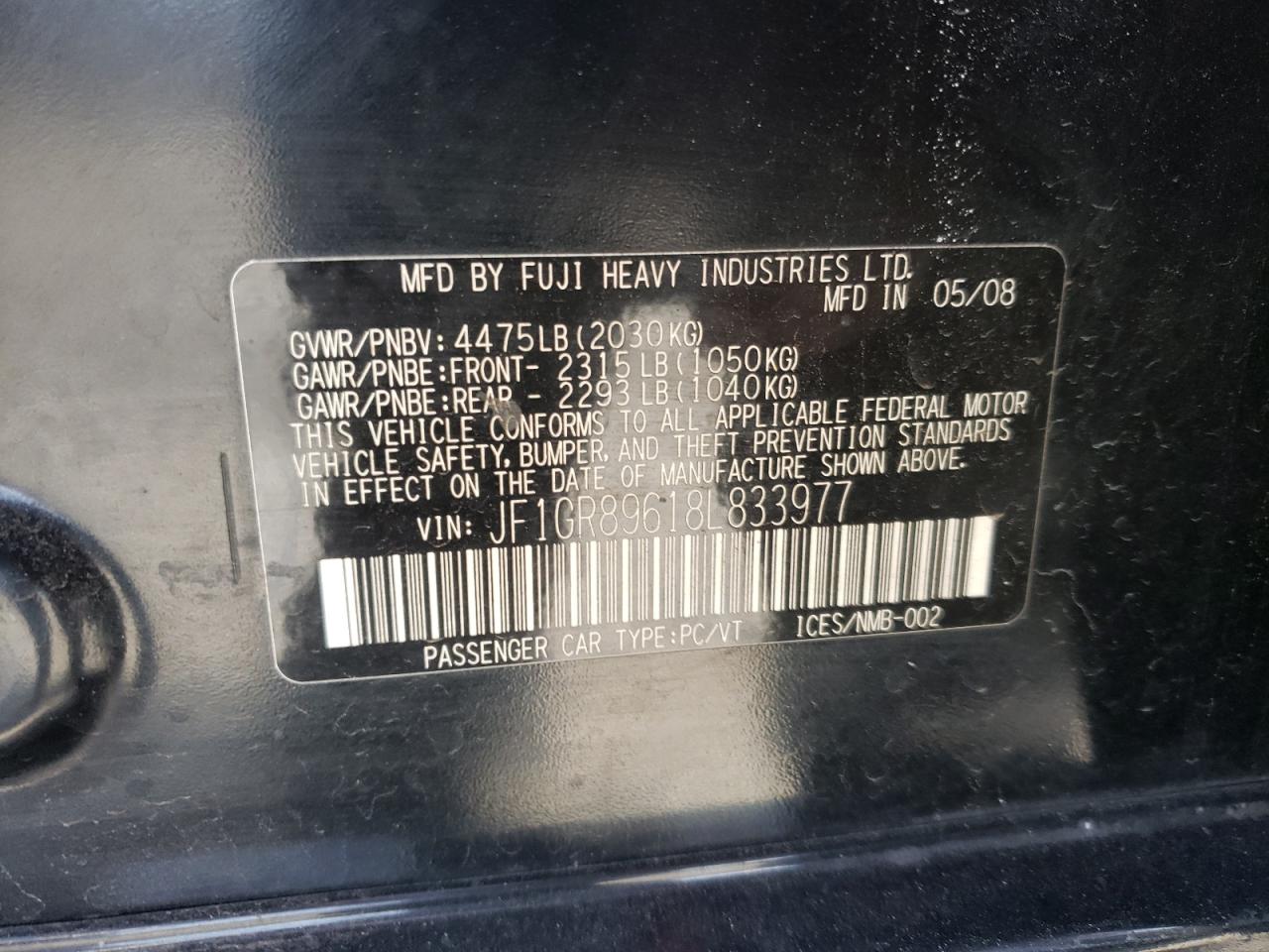 Photo 10 from auction – 2008 SUBARU IMPREZA with VIN JF1GR89618L833977