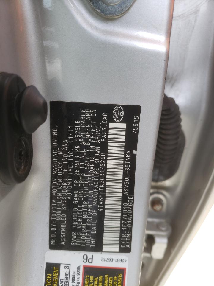 Photo 10 from auction – 2012 TOYOTA CAMRY BASE with VIN 4T4BF1FK2CR175208