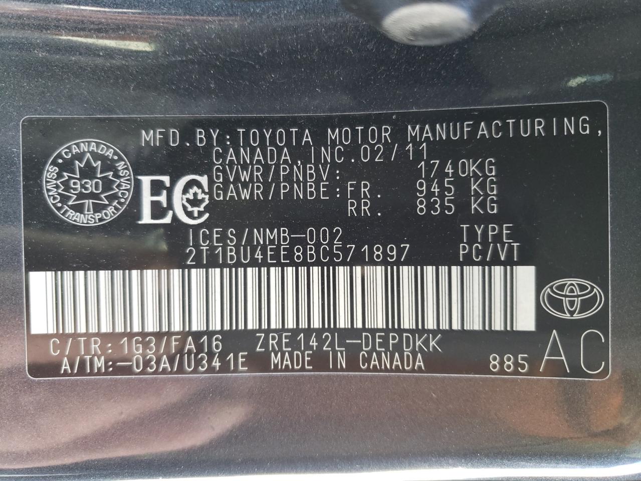 Photo 10 from auction – 2011 TOYOTA COROLLA BA with VIN 2T1BU4EE8BC571897