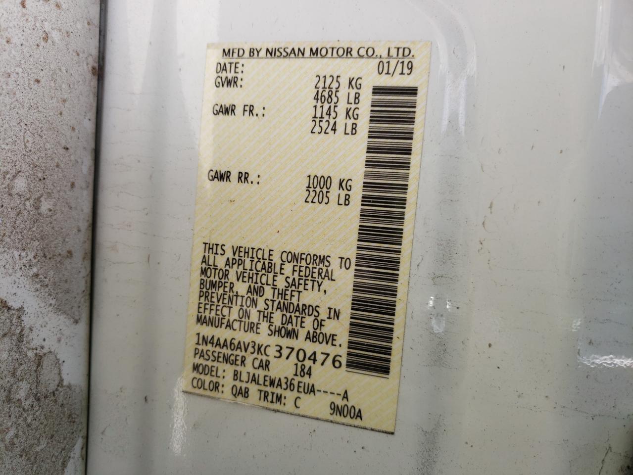 Photo 10 from auction – 2019 NISSAN MAXIMA S with VIN 1N4AA6AV3KC370476