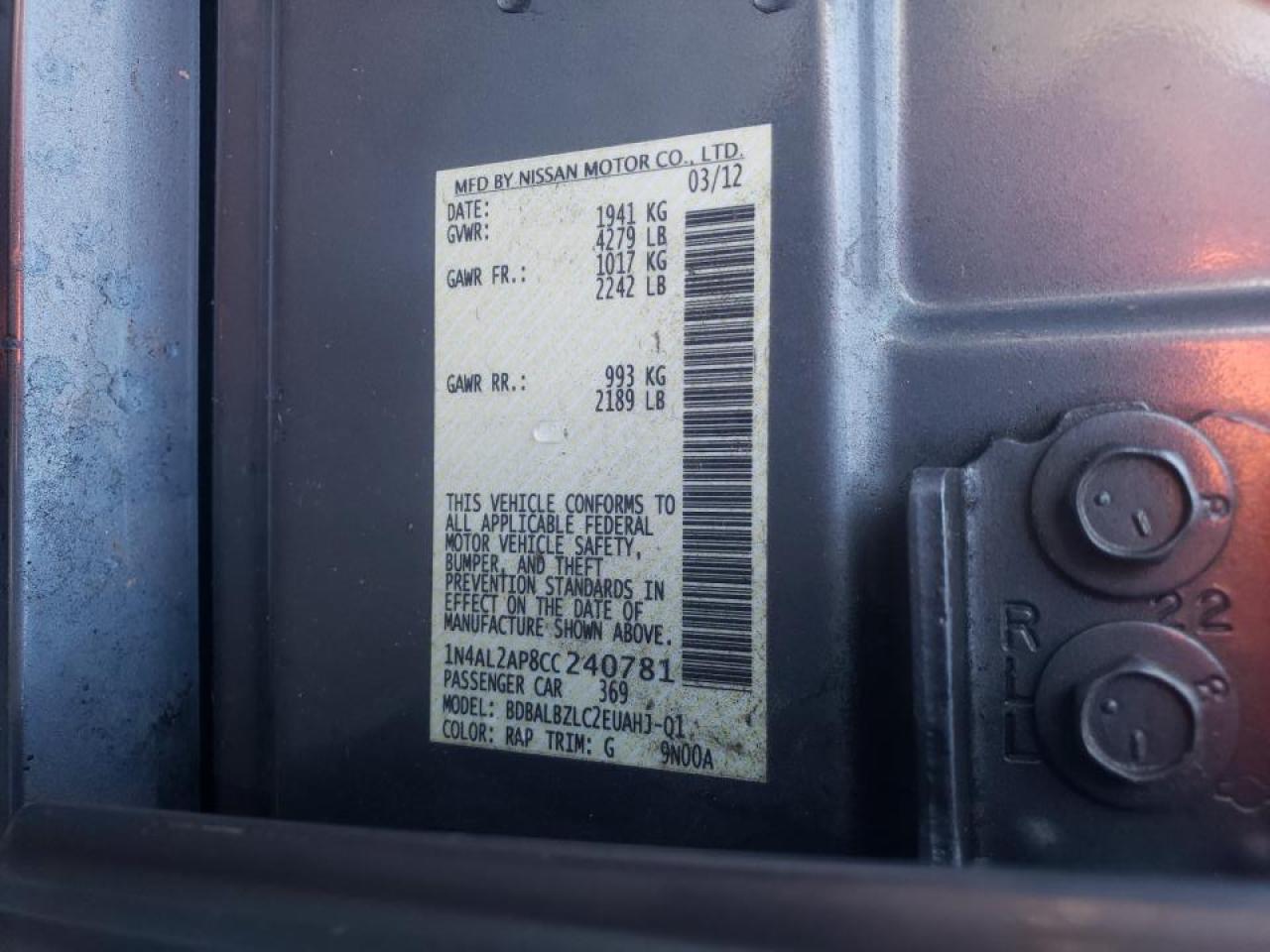 Photo 10 from auction – 2012 NISSAN ALTIMA BAS with VIN 1N4AL2AP8CC240781