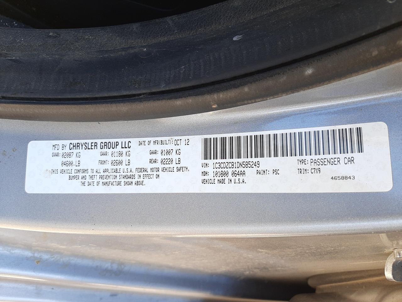 Photo 10 from auction – 2013 DODGE AVENGER SX with VIN 1C3CDZCB1DN585249