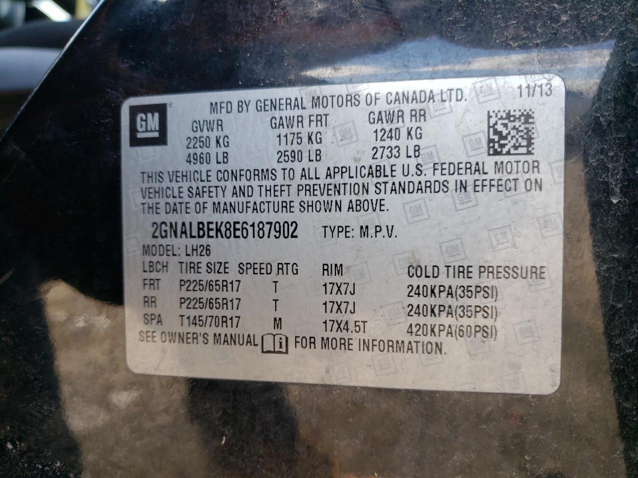 Photo 10 from auction – 2014 CHEVROLET EQUINOX LT with VIN 2GNALBEK8E6187902