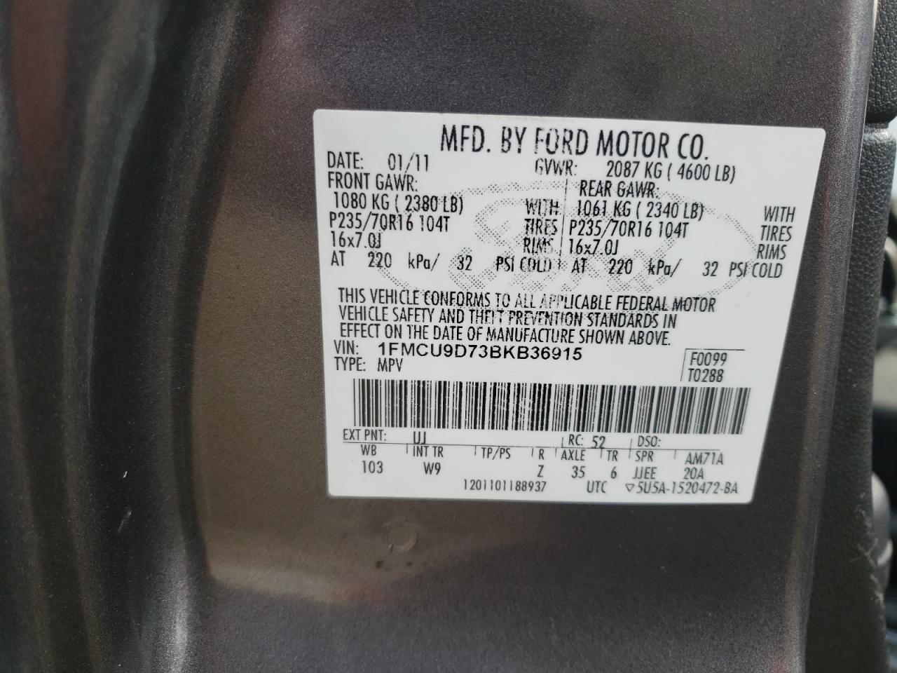 Photo 10 from auction – 2011 FORD ESCAPE XLT with VIN 1FMCU9D73BKB36915