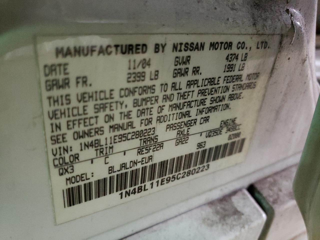 Photo 10 from auction – 2005 NISSAN ALTIMA SE with VIN 1N4BL11E95C280223