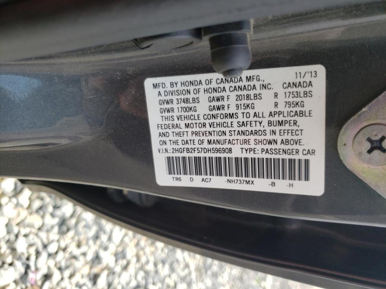 Photo 10 from auction – 2013 HONDA CIVIC LX with VIN 2HGFB2F57DH596908