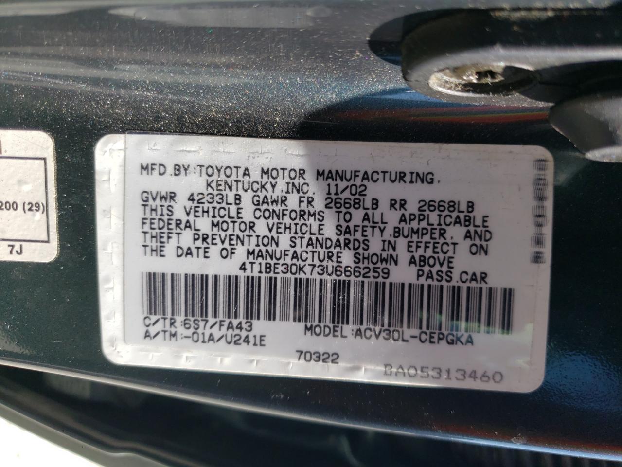 Photo 10 from auction – 2003 TOYOTA CAMRY LE with VIN 4T1BE30K73U666259