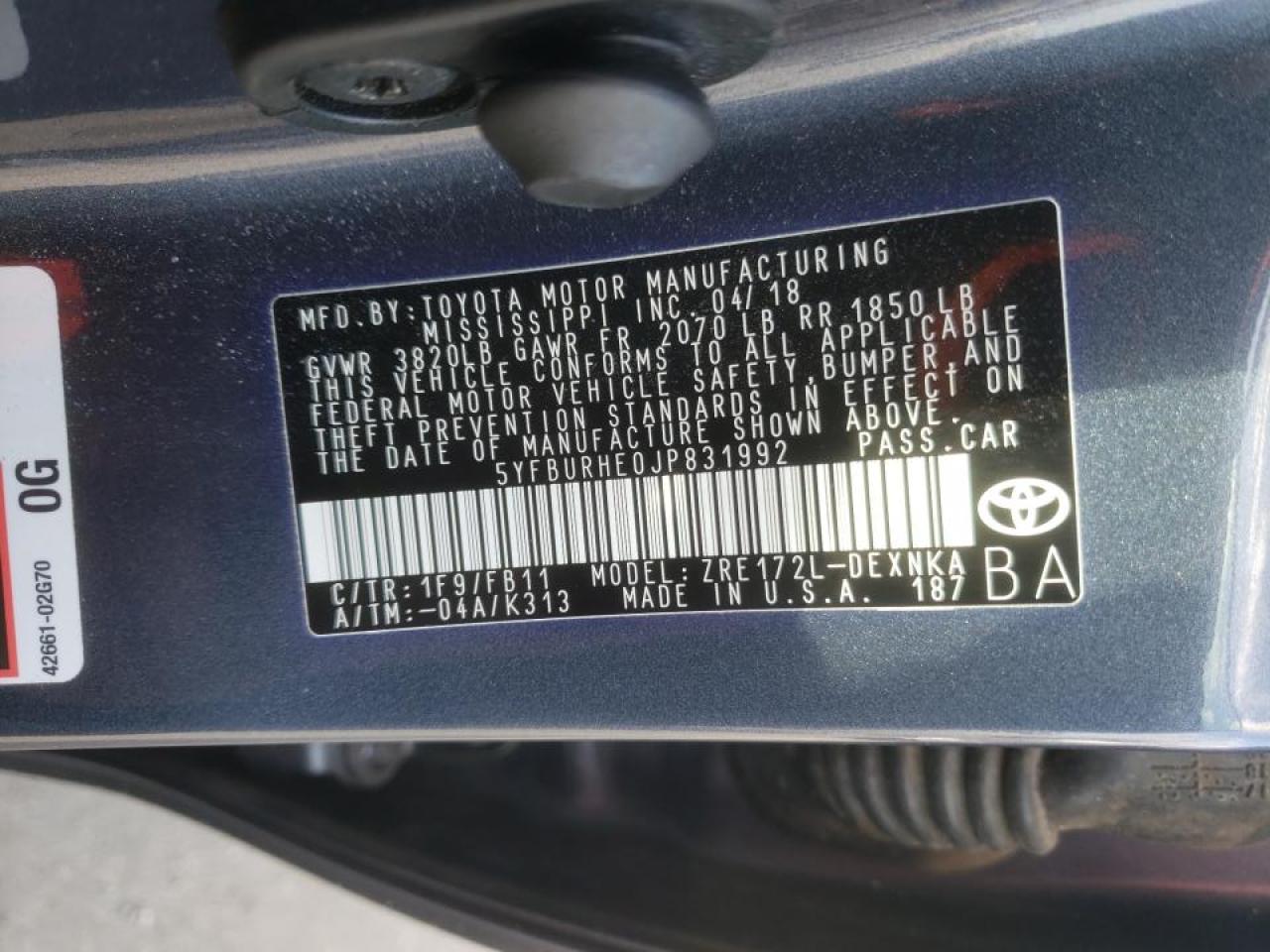 Photo 10 from auction – 2018 TOYOTA COROLLA L with VIN 5YFBURHE0JP831992