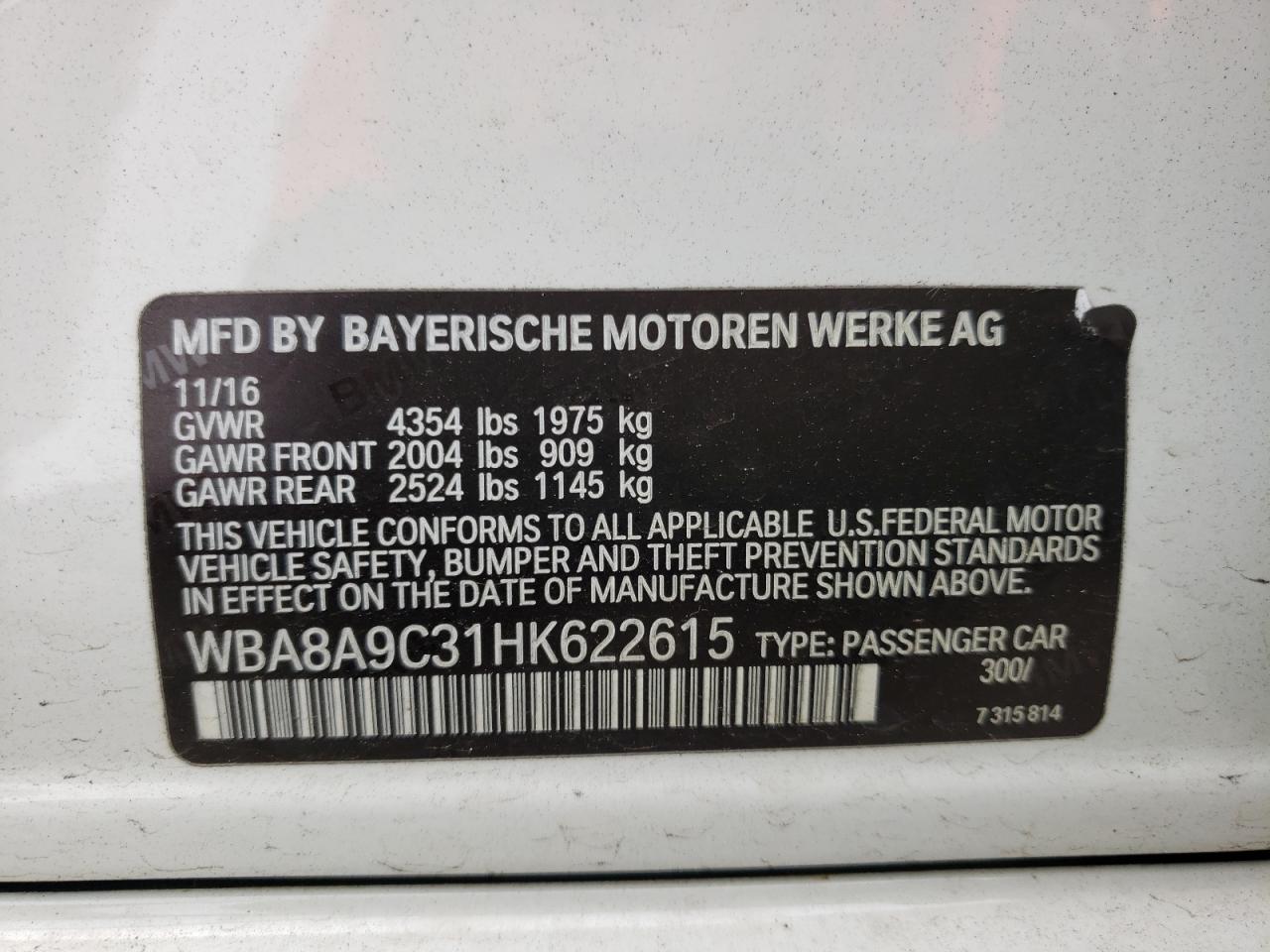 Photo 10 from auction – 2017 BMW 320 I with VIN WBA8A9C31HK622615
