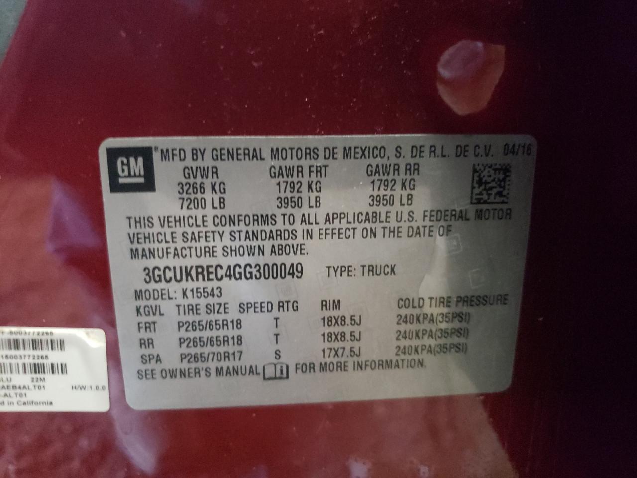 Photo 10 from auction – 2016 CHEVROLET SILVERADO with VIN 3GCUKREC4GG300049