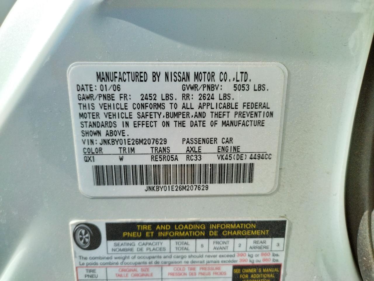 Photo 10 from auction – 2006 INFINITI M45 BASE with VIN JNKBY01E26M207629