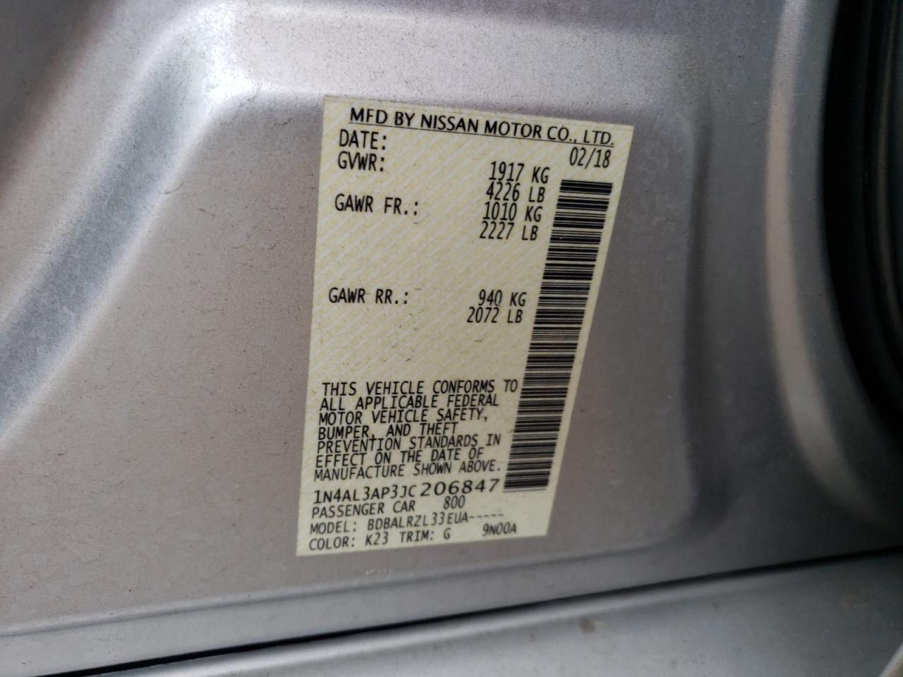 Photo 10 from auction – 2018 NISSAN ALTIMA 2.5 with VIN 1N4AL3AP3JC206847