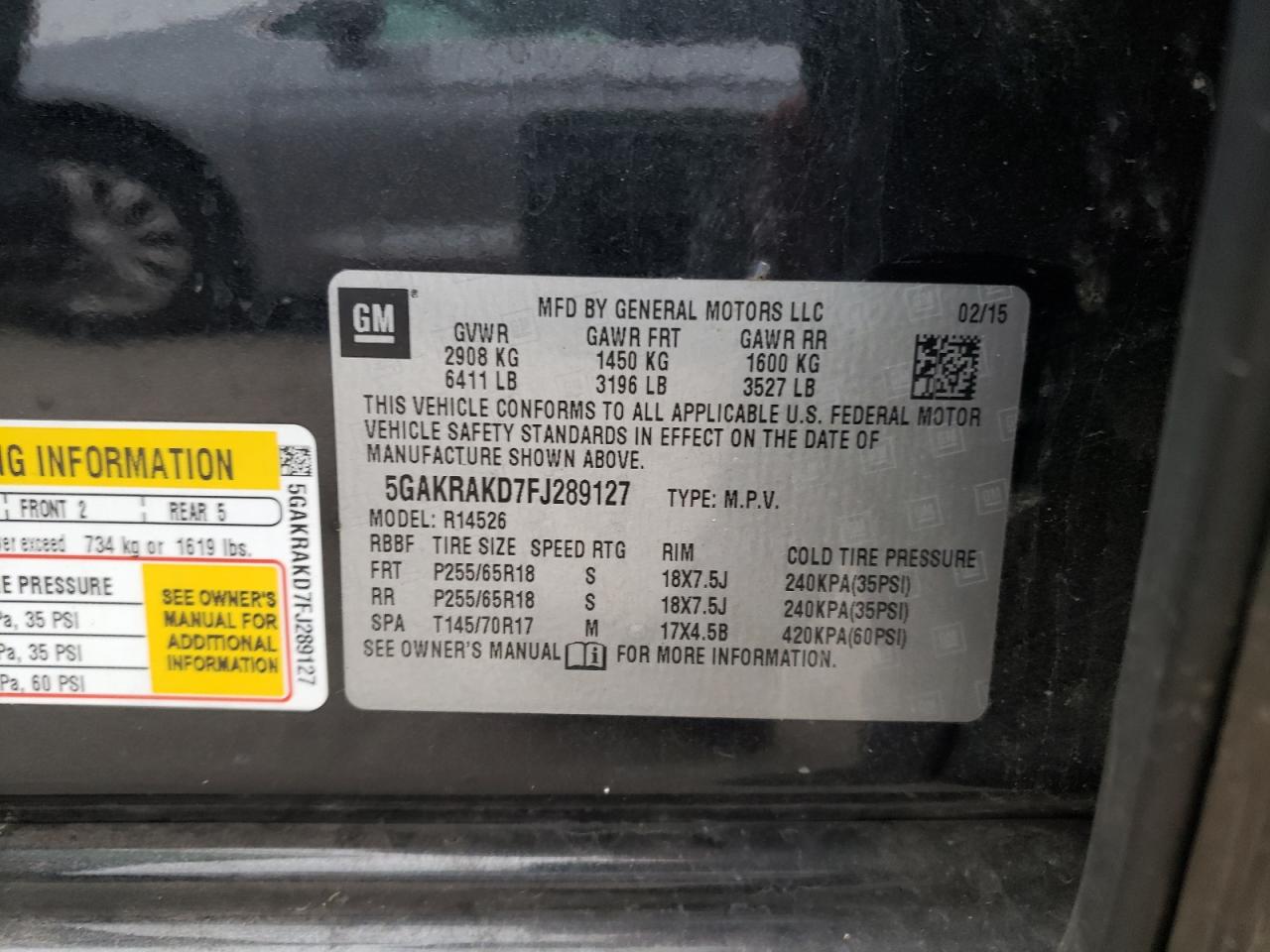 Photo 10 from auction – 2015 BUICK ENCLAVE with VIN 5GAKRAKD7FJ289127