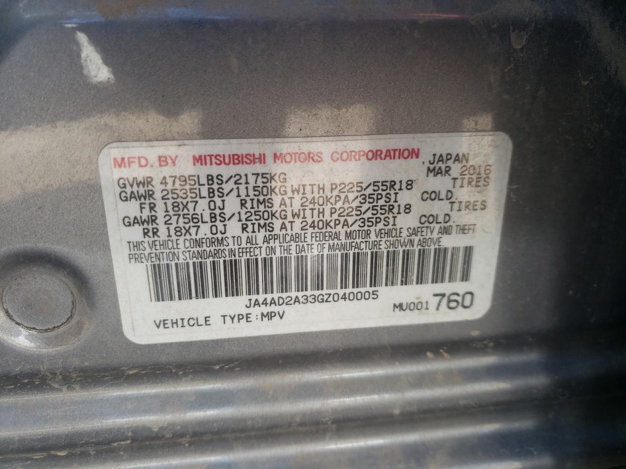 صورة رقم 10 من المزاد - 2016 MITSUBISHI OUTLANDER مع VIN JA4AD2A33GZ040005
