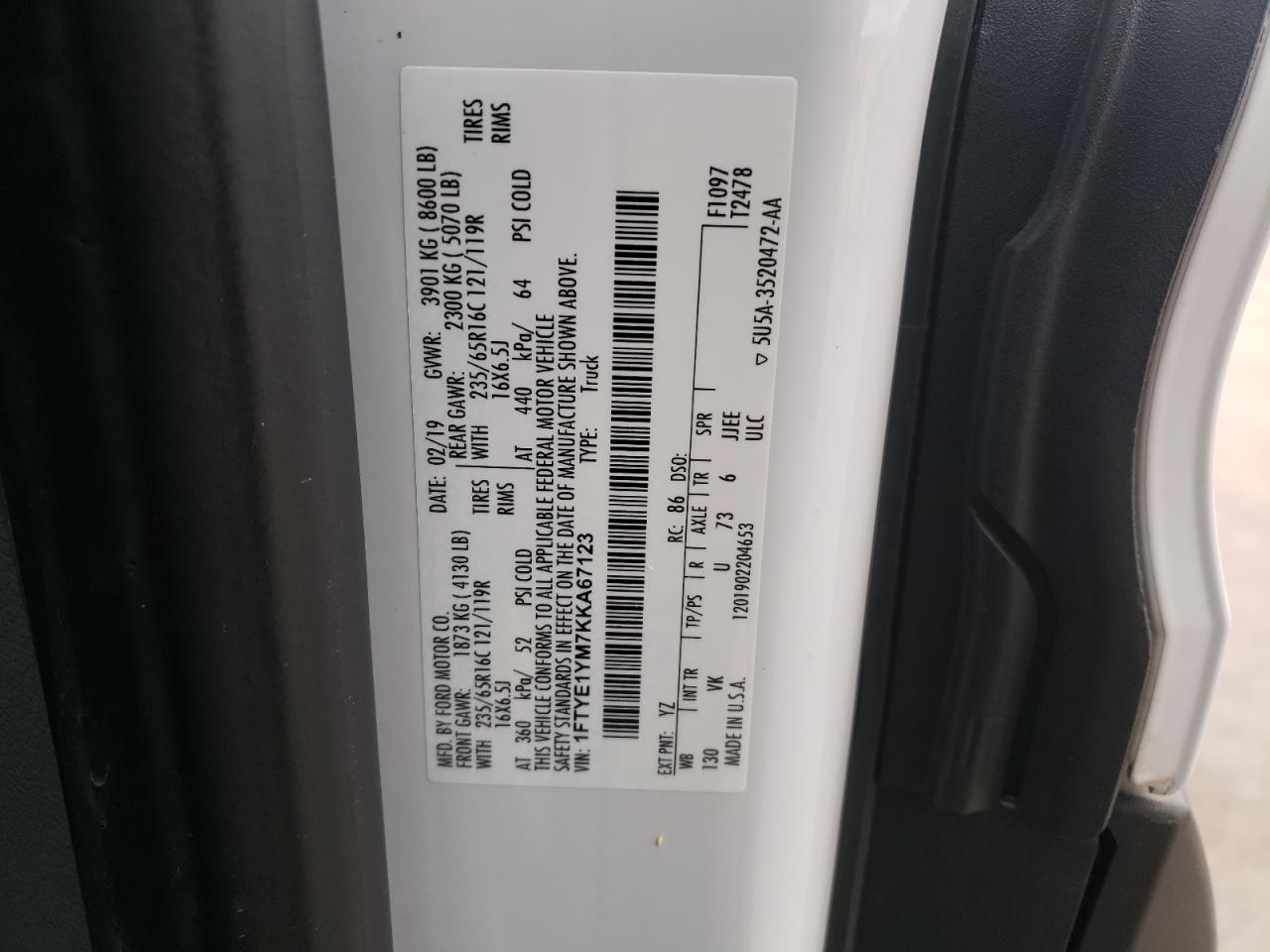 Photo 10 from auction – 2019 FORD TRANSIT T- with VIN 1FTYE1YM7KKA67123